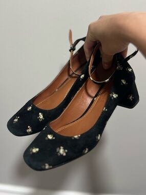 Coach Black Floral Suede Block Heel Mary Janes